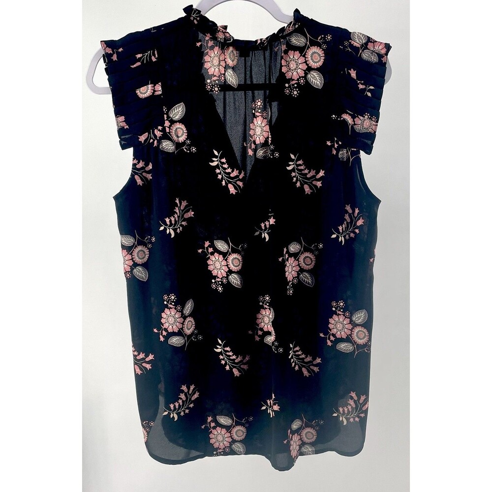 LOFT Women’s Floral Ruffle Sleeve Blouse Black Pink Feminine Romantic Size M